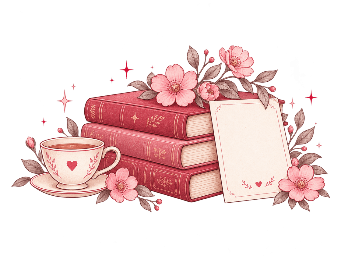 Ilustração de uma pilha de livros com uma xícara de chá e flores