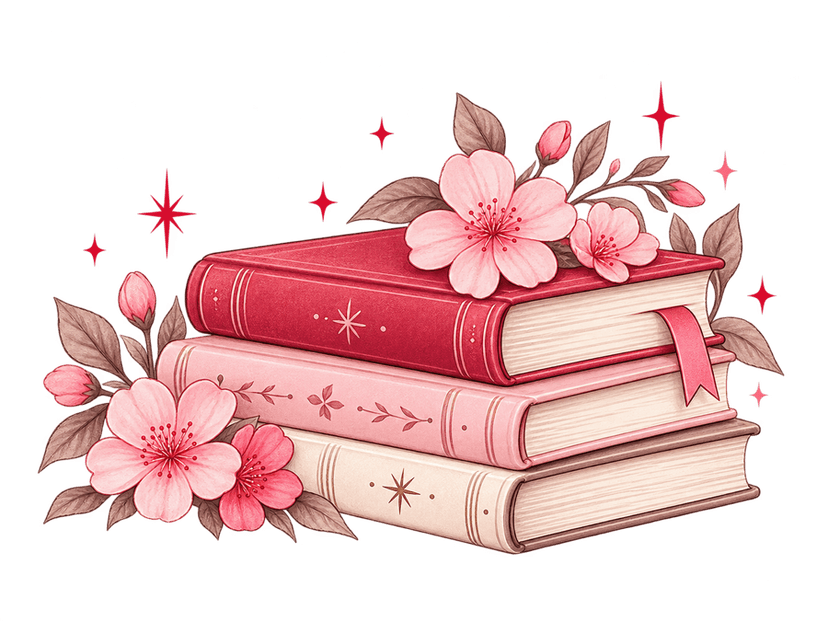 Ilustração de uma pilha de livros com flores
